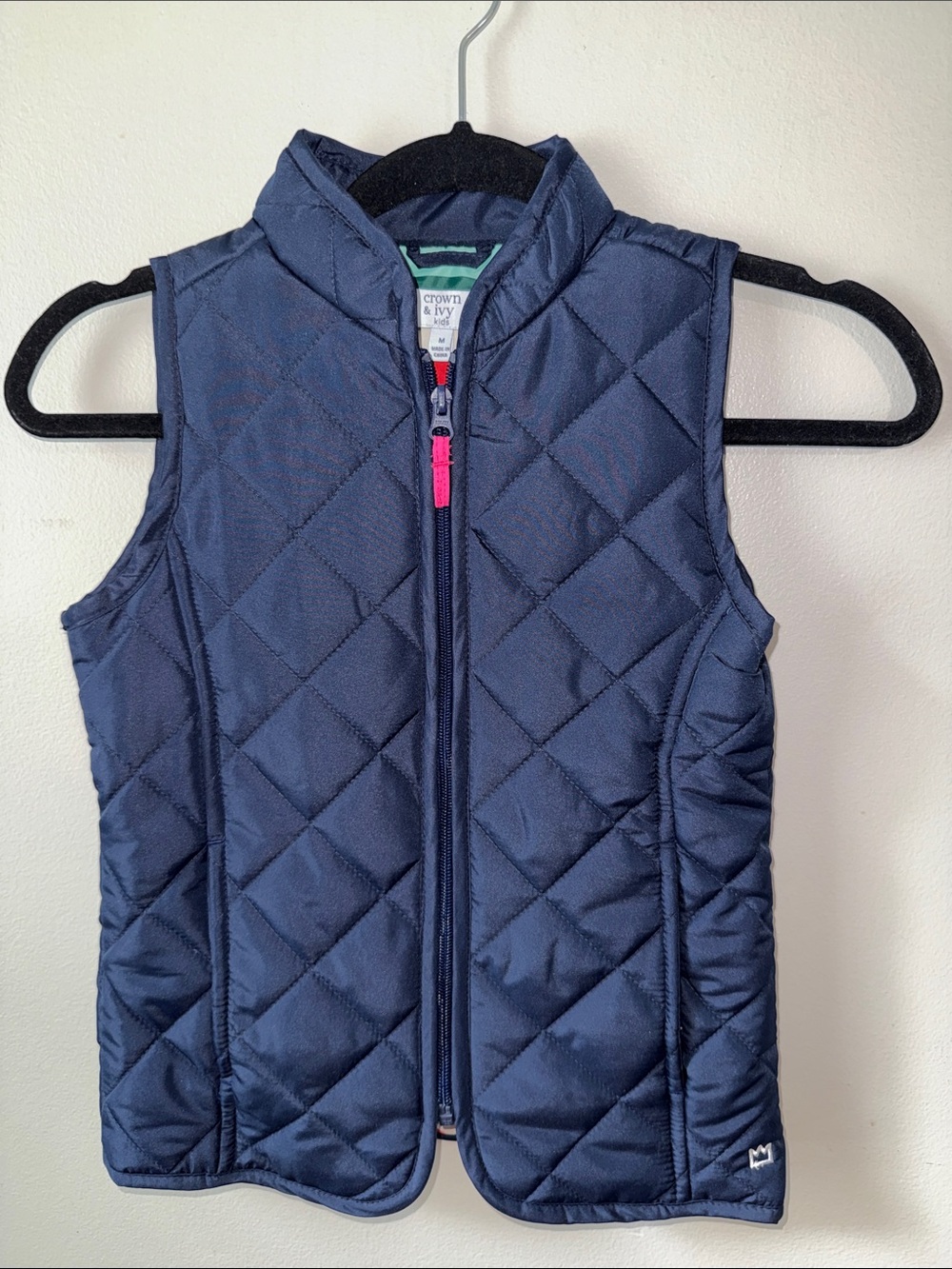 crown & ivy Navy Quilted Vest with Multicolor Stripe Lining for girls